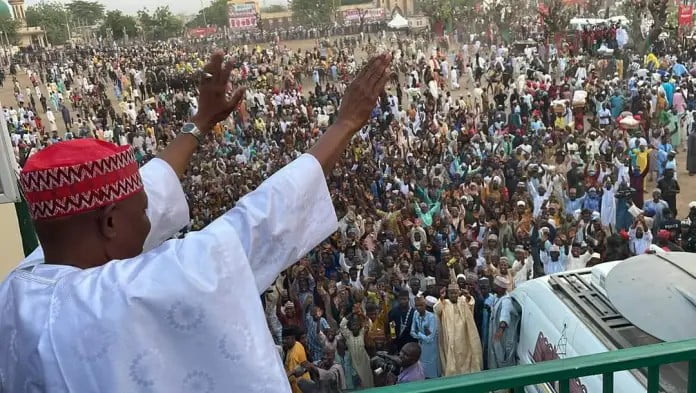 Gov Abba greetings crowd at Hawan Daushe Gov Abba greetings crowd at Hawan Daushe