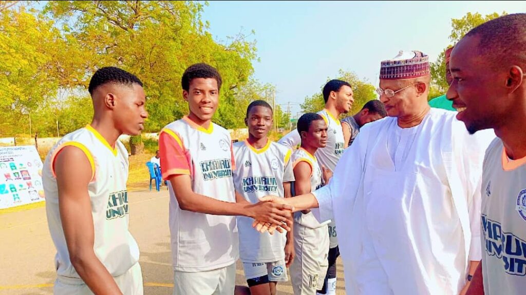 KHAIRUN VC tasks students on academic and sports VC KHAIRUN Abdulrashid Garba handshake with player
